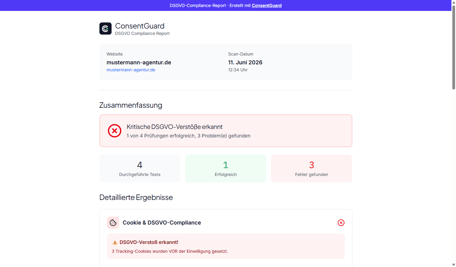 ConsentGuard Compliance-Report: Zusammenfassung mit erkannten DSGVO-Verstößen, bereit zum Weiterleiten an Kunden