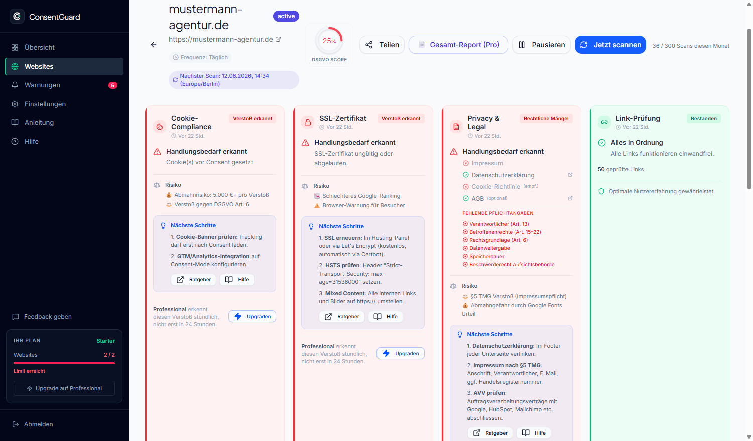 ConsentGuard Dashboard: Scan-Befund einer Kunden-Website mit Cookie-Verstoß, SSL-Warnung und Schritt-für-Schritt-Lösungen
